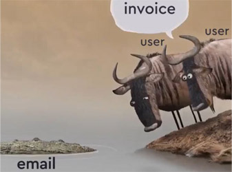 Two bulls looking at object in a lake labeled email. One says "Invoice"
