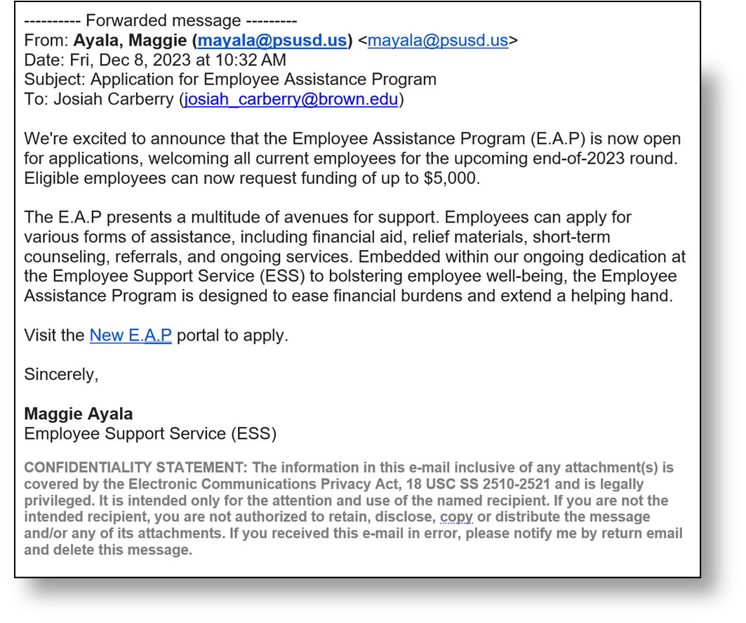A screenshot of a suspected fraudulent message telling users to apply for the "Employee Assistance Program".