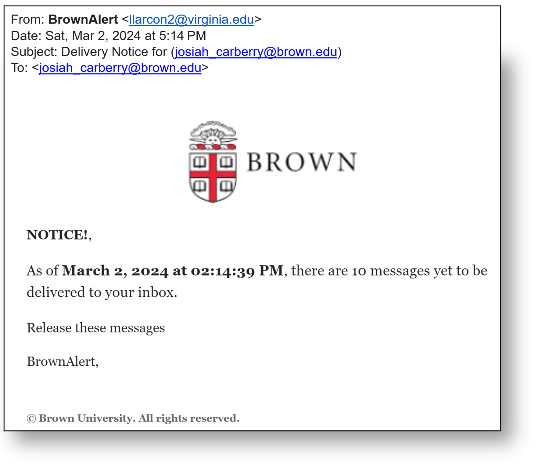 A screenshot of a phishing email claiming to be a "BrownAlert".