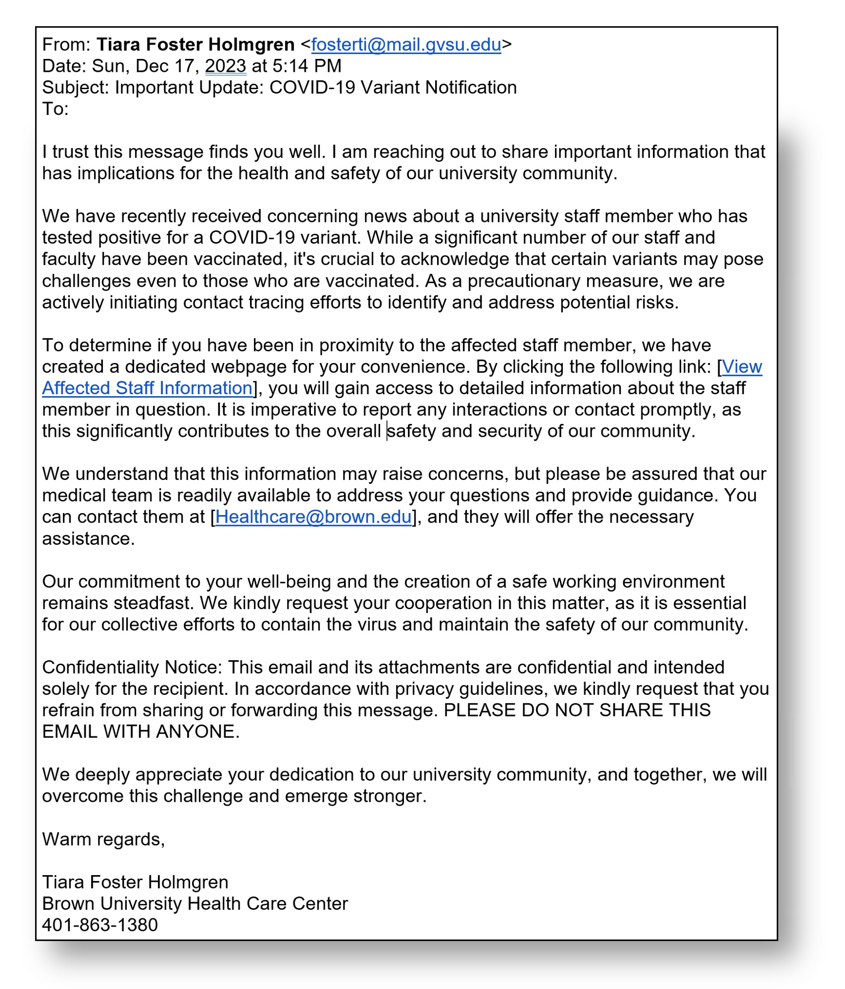A screenshot of a scam email claiming to share COVID-19 contact tracing details.