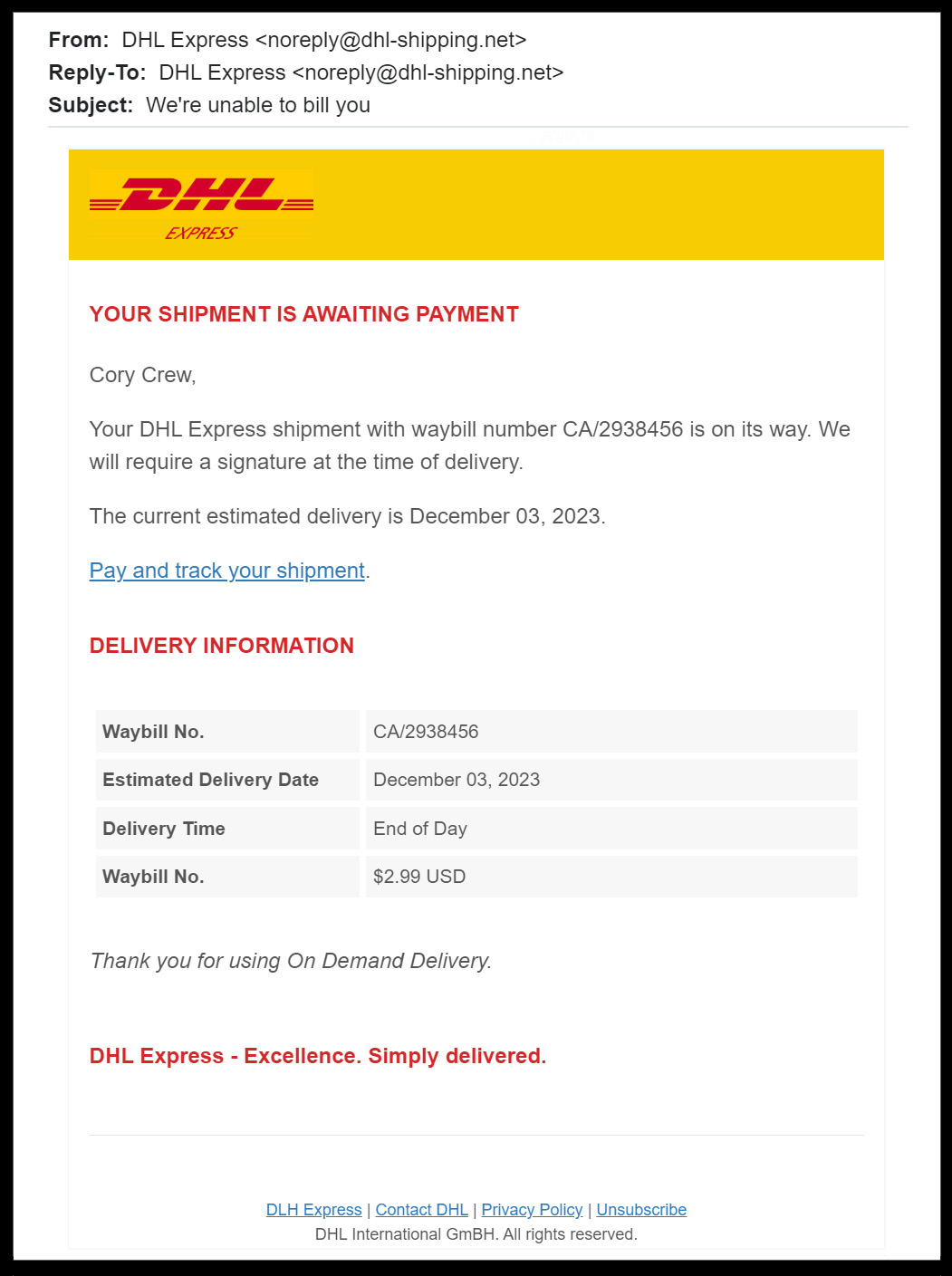 A screenshot of a fraudulent DHL email informing users they have an unpaid invoice. 