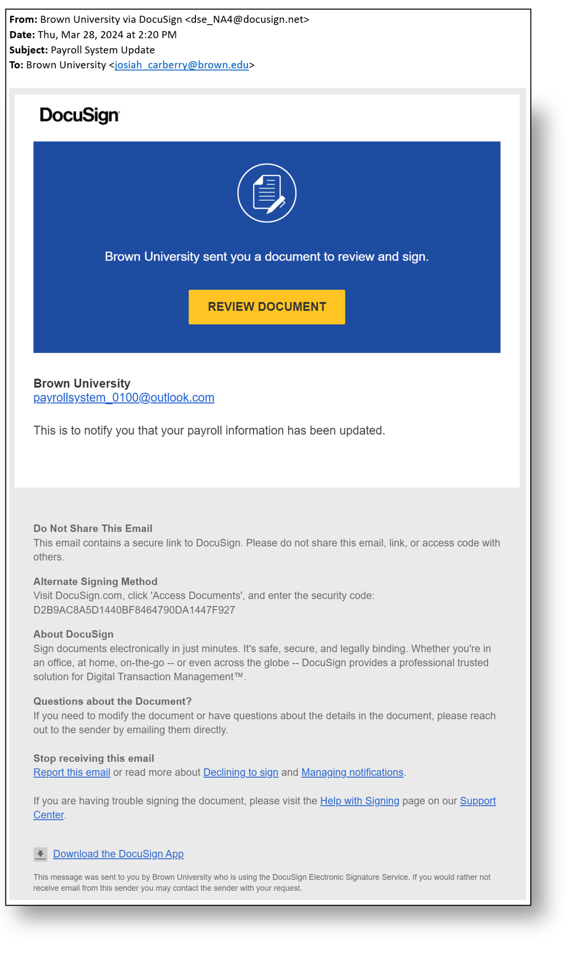 A screenshot of a Docusign payroll fraud phishing email.