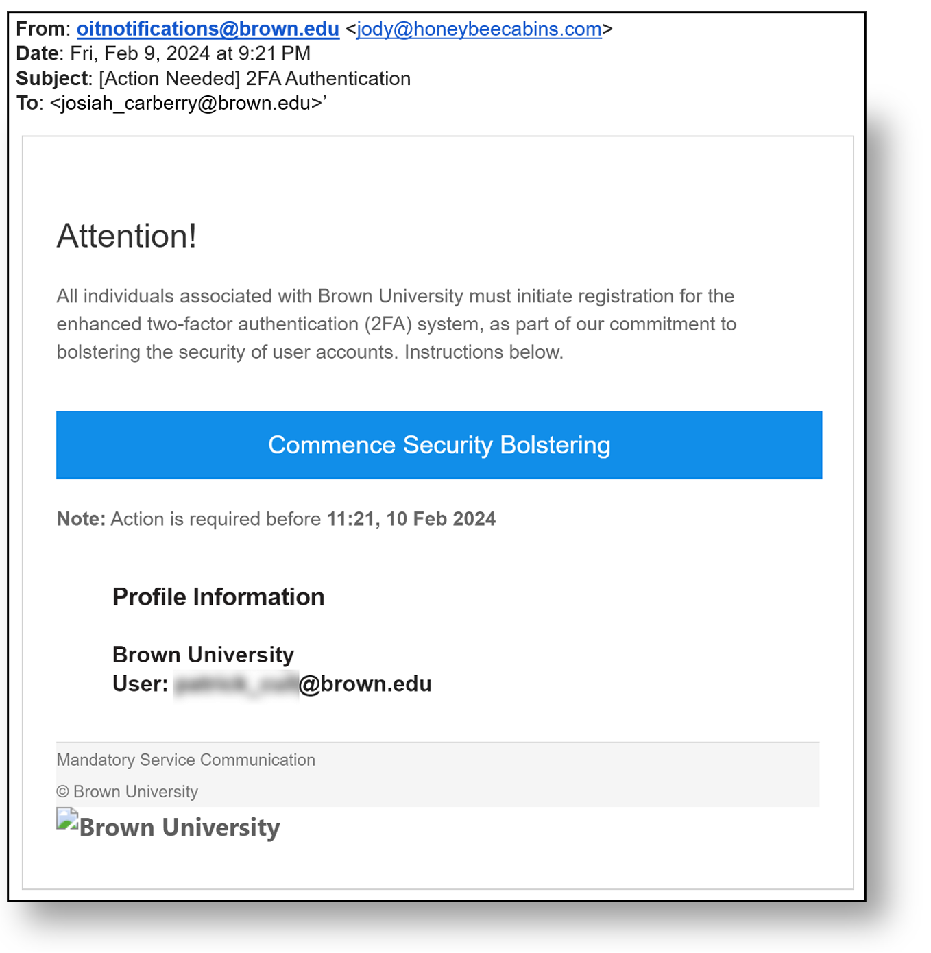 Screenshot of a fake 2FA email trying to pressure a user to click a phishing link.