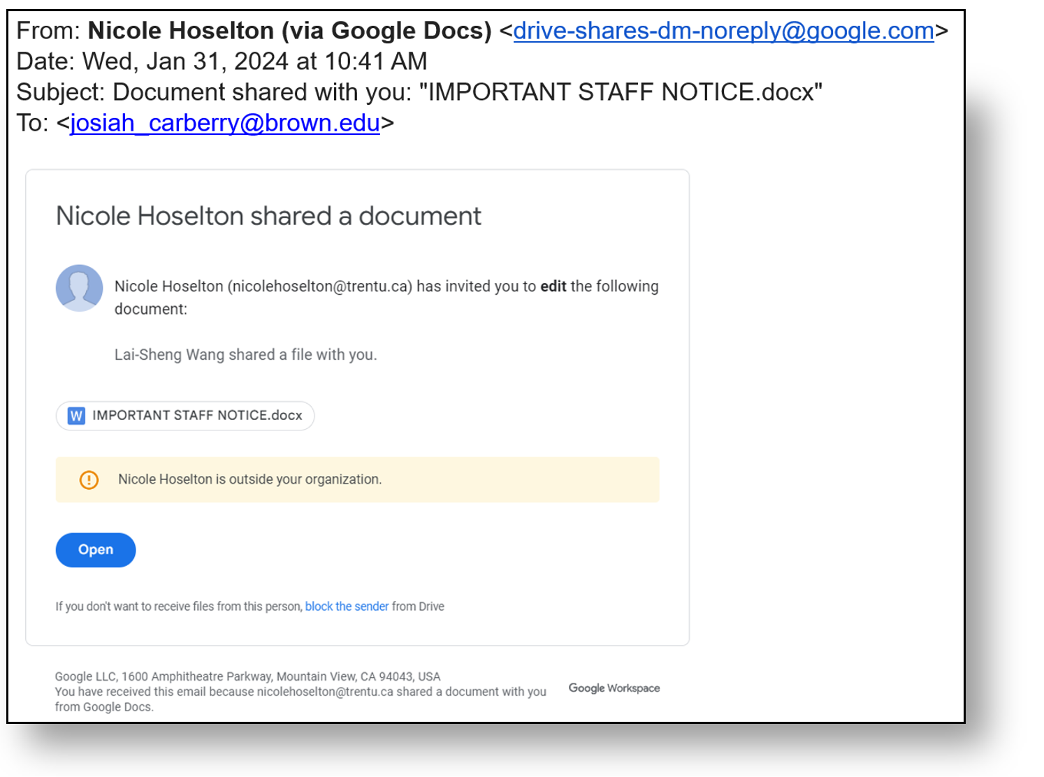 A screenshot of a phishing attempt masquerading as a Google Drive file share prompt.