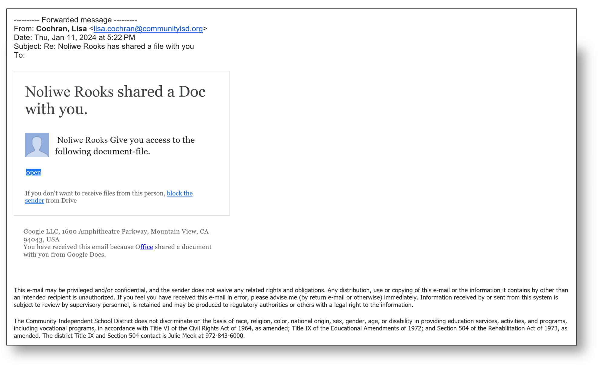A screenshot of a phishing email attempting to entice victim's to click on a phishing link described as a file share request.