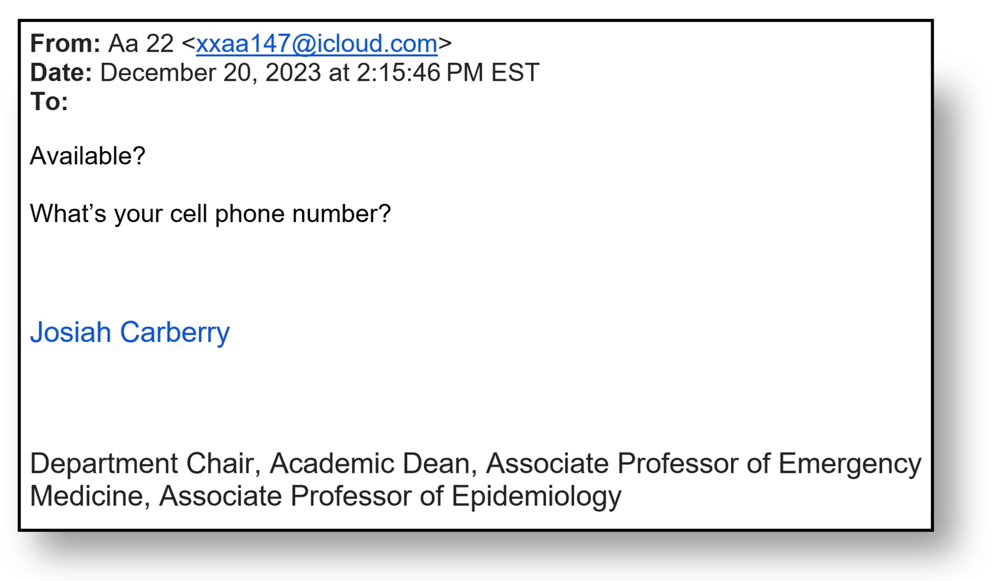 A screenshot of an email impersonating Brown University faculty.