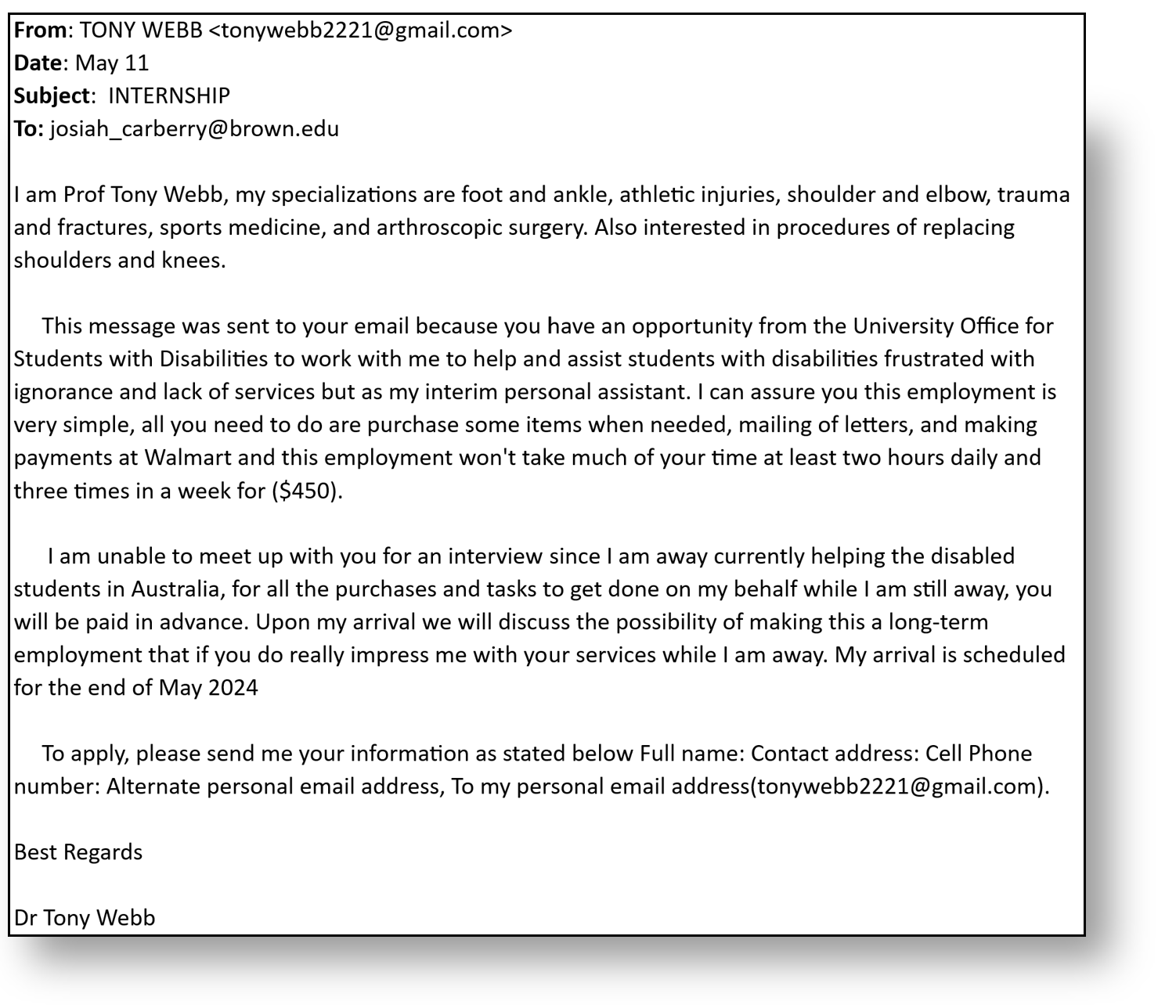 A screenshot of an internship scam phishing message.