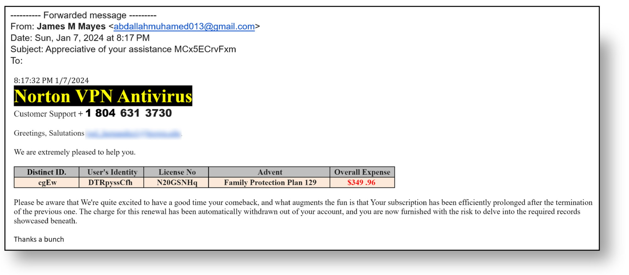 A screenshot a phishing message claiming to have charged a user for an annual subscription an antivirus/VPN service.