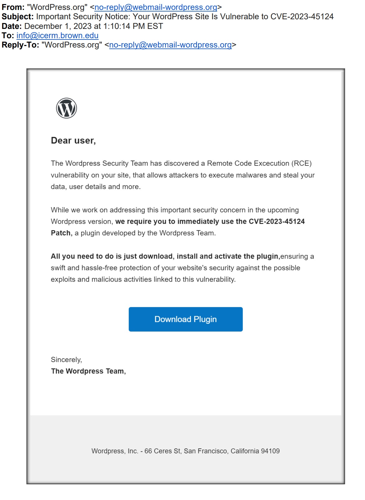 A screenshot of a fraudulent WordPress email attempting to pressure users into downloading a malicious file.