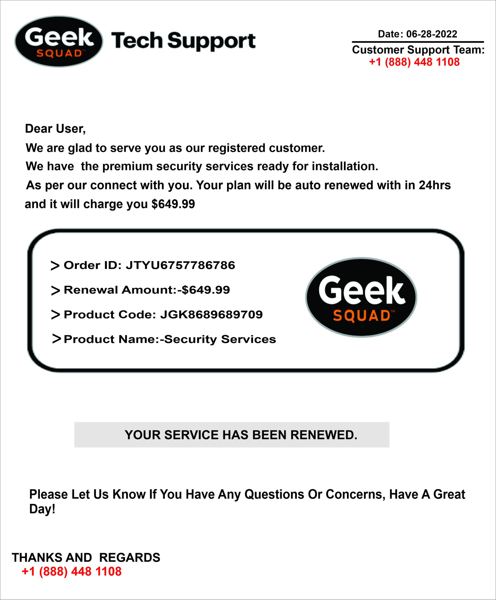 Invoice from Geek Squad Tech Support for renewal of "premium security services ready for installation." Includes an Order ID, Product Code, phone number to call with questions, and renewal amount of $649.99.
