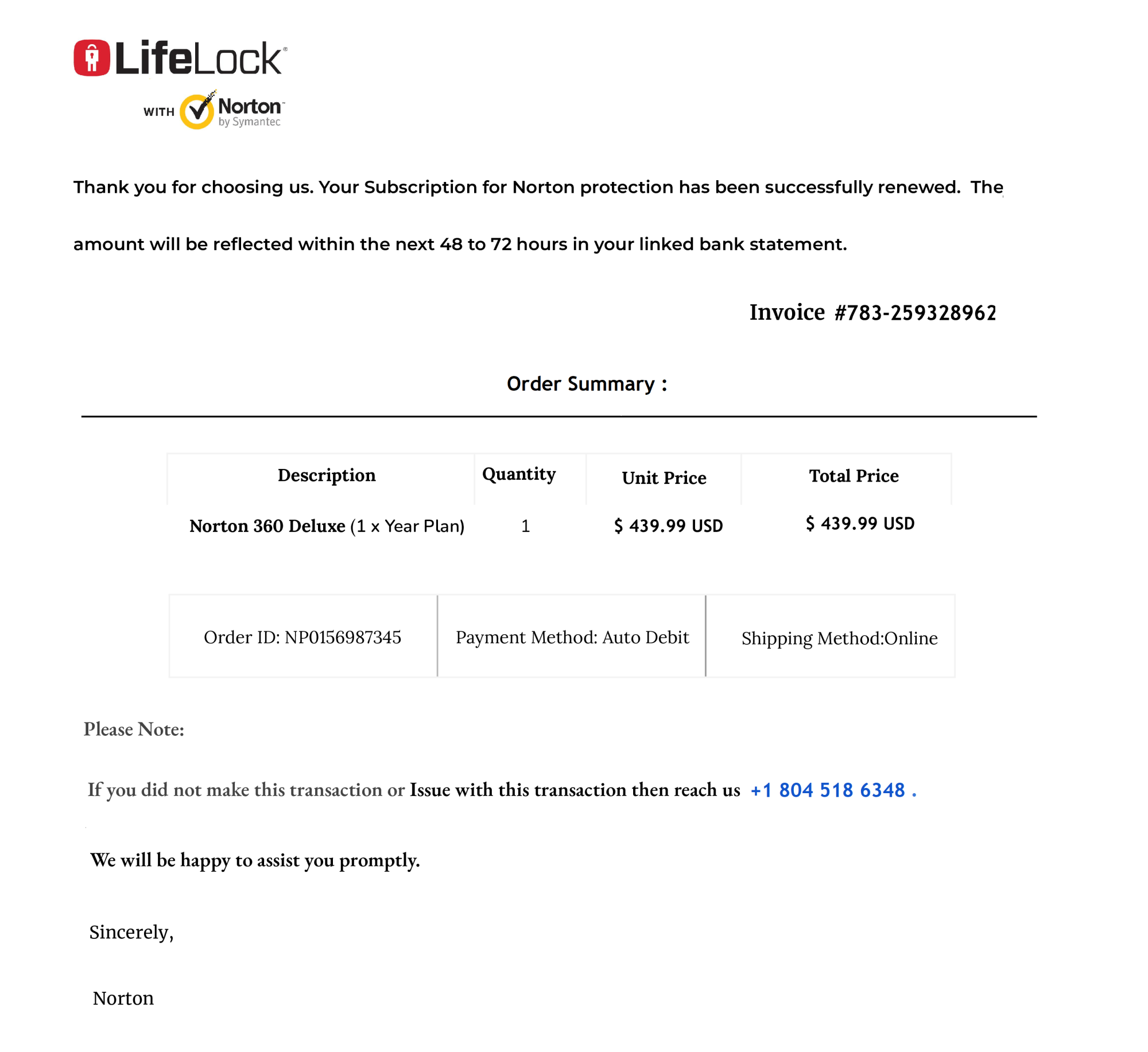 Fake email from "Norton" about LifeLock purchase, displaying invoice information in a bill for $439.99. It also provides a phone number to call with "Issues".