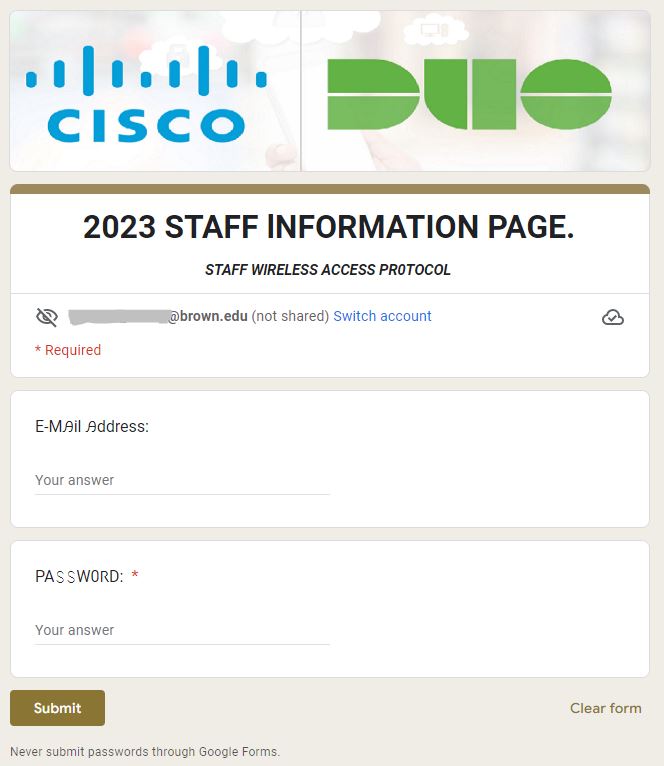 Form with Cisco and Duo logos, labeled 2023 Staff Information Page. Staff wireless access protocol, requesting email address and password