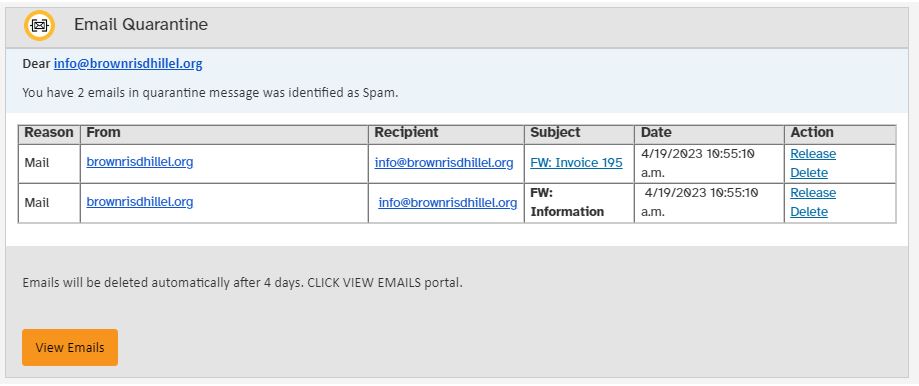 Screenshot of Email Quarantine notification, with content noted previously