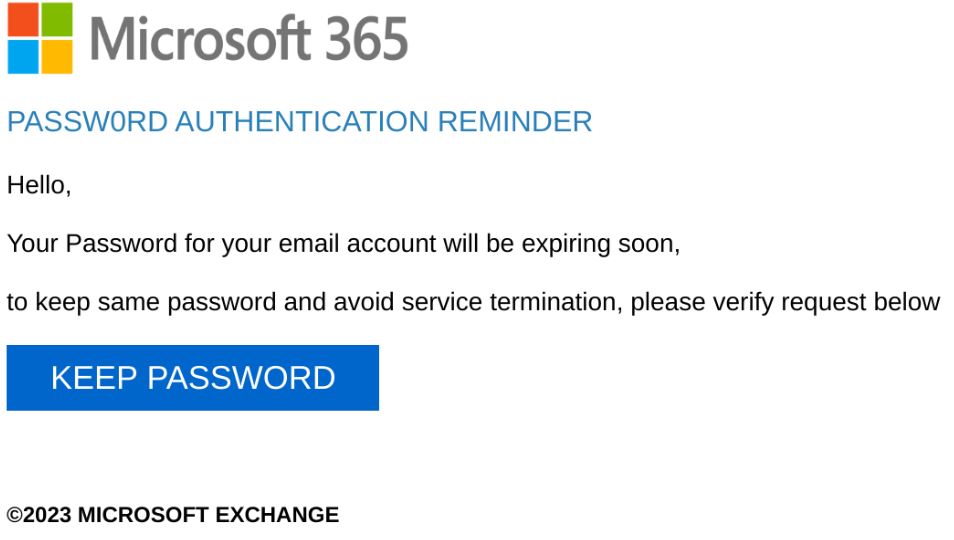 Screenshot of Microsoft 365 "Password Authentication Reminder" for account password expiring soon.