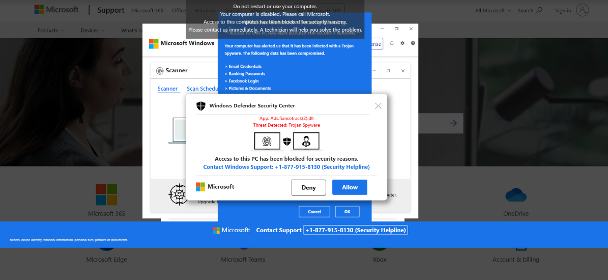 Screenshot of multiple windows open, one stating "Do not restart your computer ... is disabled." and another for "Windows Defender Security Center" saying access to PC has been blocked and to call the provided number for assistance.