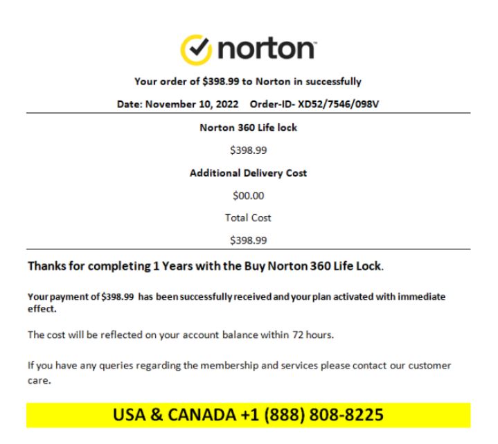 Screenshot of invoice from Norton for purchase of Norton 360 Life Lock