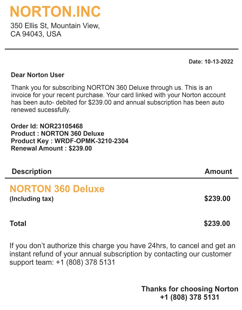 Screenshot of phony invoice for renewal of NORTON 360 Deluxe