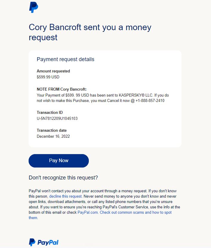 Screenshot of above phony PayPal notification