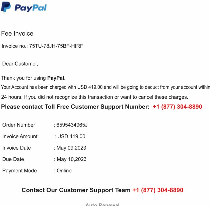 Screenshot of fake PayPal invoice for $419 charge that will be deducted within 24 hours. Call number provided to cancel.