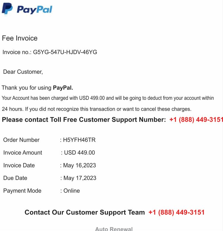 Screenshot of notice from PayPal of charge of USD 499.00 to be deducted day following invoice