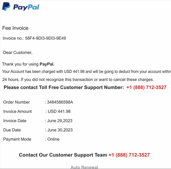 Screenshot of invoice from PayPal for $441.98 purchase with number to call "If you did not recognize this transaction or want to cancel these charges."