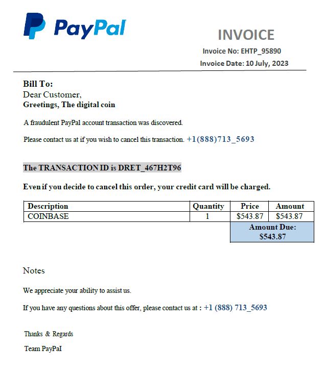 Screenshot of invoice from PayPal for purchase of COINBASE with above message