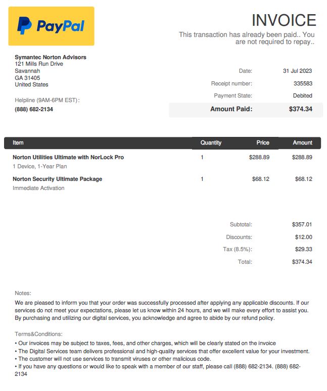 Screenshot of invoice from PayPal for Symantec Norton Advisors purchase of security software.