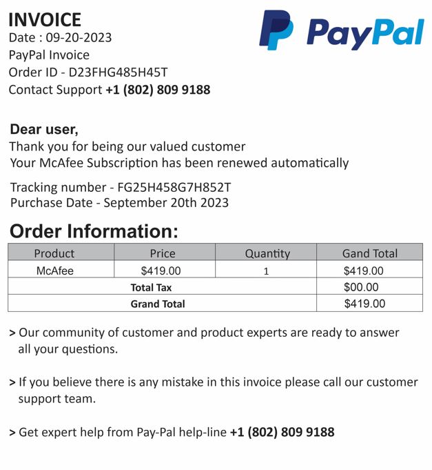 Screenshot of invoice from PayPal for purchase of McAfee Subscription