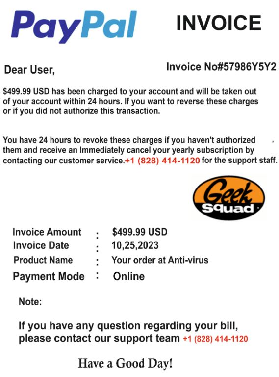 Screenshot of invoice from PayPal for the purchase of $499.99 of anti-virus protection