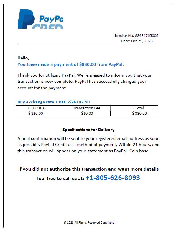 Screenshot of notification of a successful charge to the recipient's PayPal account for $830.00, with a number provided  "If you did not authorize this transaction and want more details."