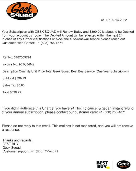 Screenshot of invoice from Geek Squad for renewal of Best Buy service plan