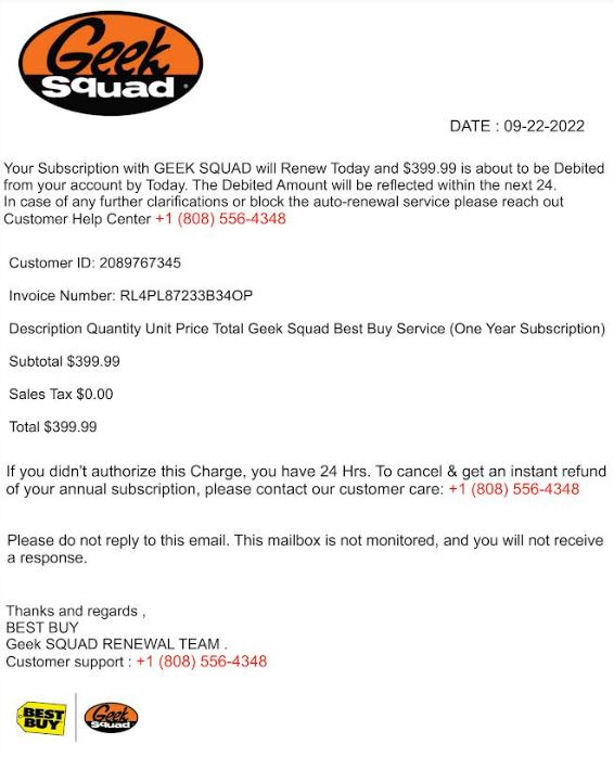 Invoice from Geek Squad Tech Support for renewal of subscription. Includes Customer ID, Invoice Number, total cost and phone number to call with questions.