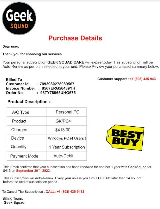 Screenshot of invoice from Geek Squad for purchase of security subscription