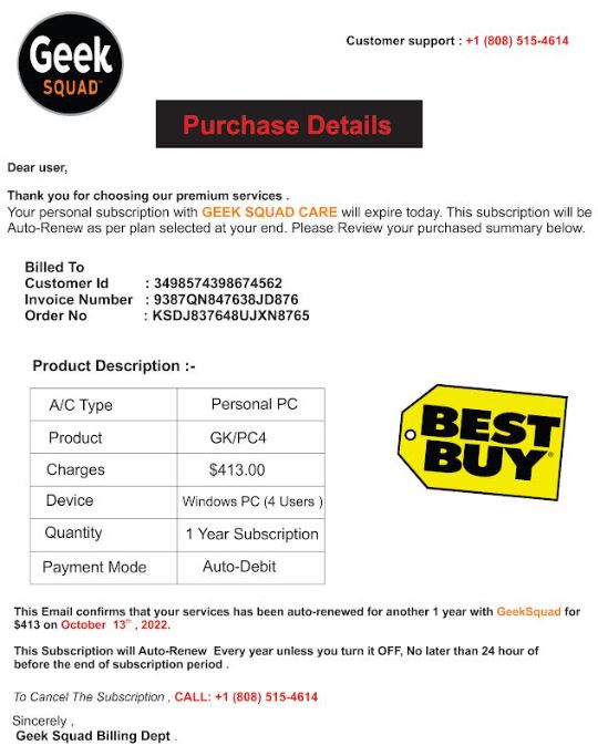 Screenshot of invoice from Geek Squad for purchase of Geek Squad Care