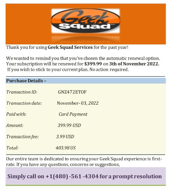 Geek Squad invoice, thanking recipient for use of services for past year and reminding them of automatic renewal option on Nov 3rd for $399.99.