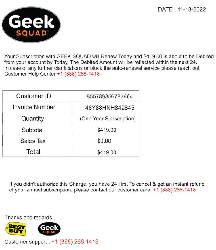 Screenshot of invoice from Geek Squad for renewal of subscription