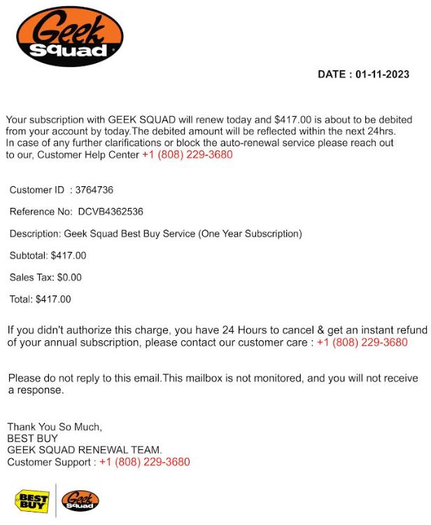 Screenshot of invoice from Geek Squad for purchase of security software