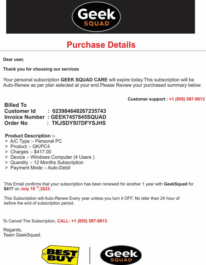 Screenshot of invoice from Geek Squad for purchase of security software