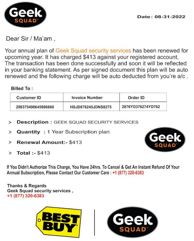 Screenshot of invoice from Geek Squad for purchase of security services