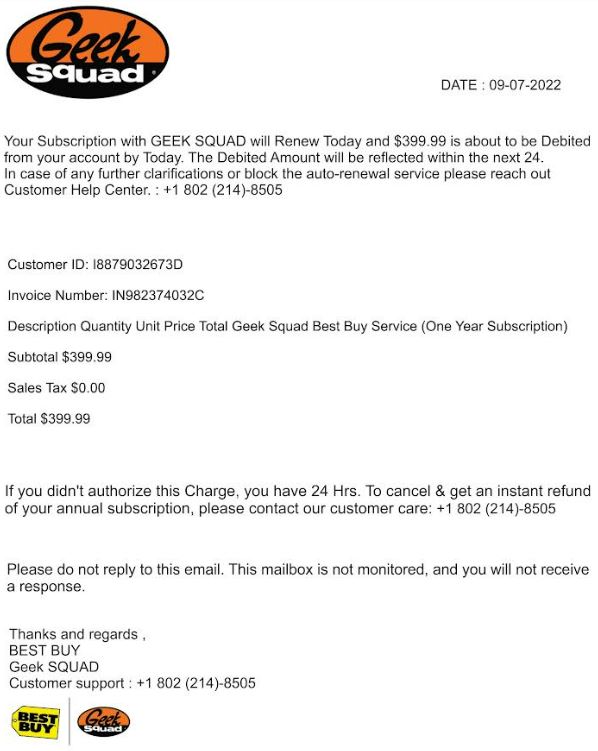 Screenshot of invoice from Geek Squad for service subscription