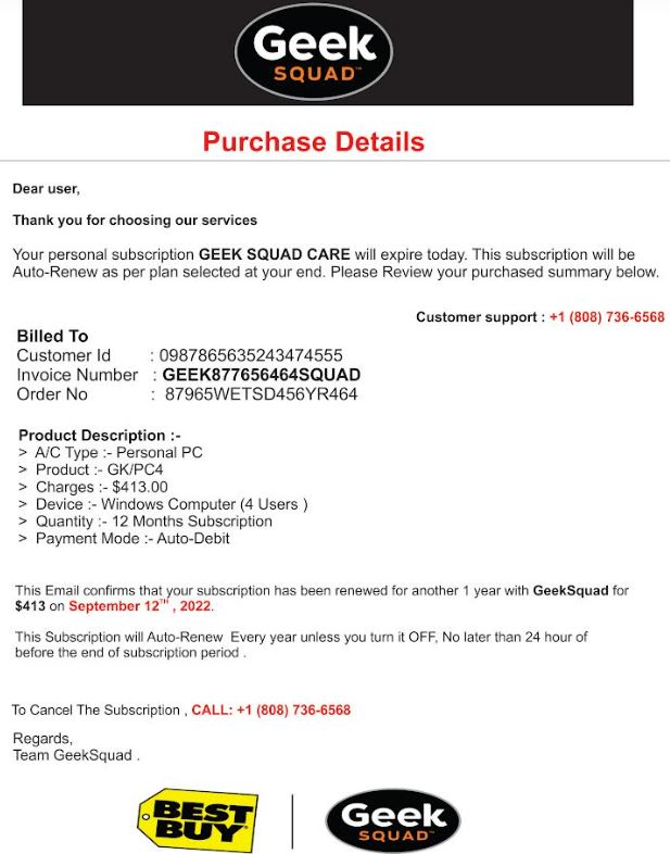 Screenshot of invoice from Geek Squad for subscription to Geek Squad Care