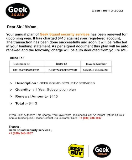 Screenshot of invoice from Geek Squad for renewal of security services plan