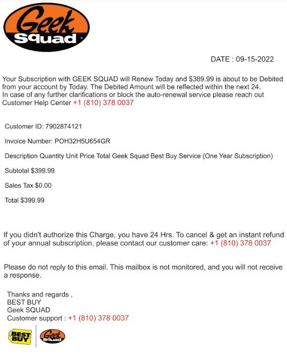 Invoice from Geek Squad Tech Support for renewal of Best Buy Service