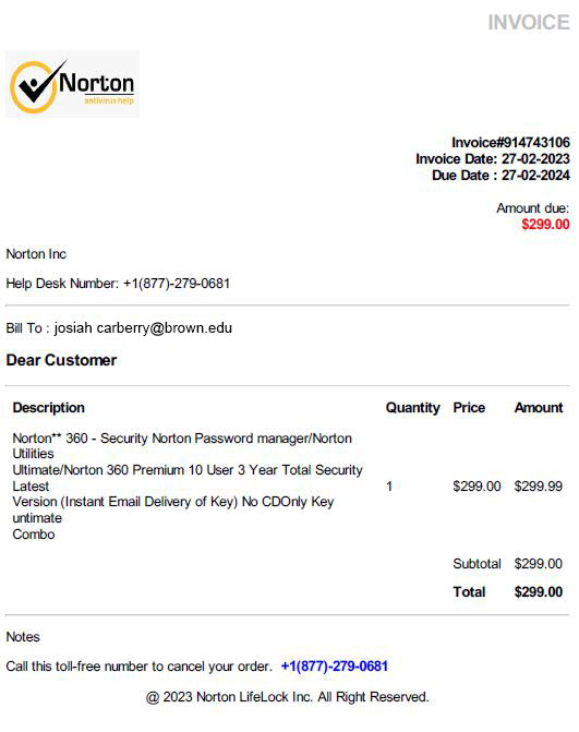 Screenshot of invoice from Norton LifeLock for purchase of security software, with content provided above