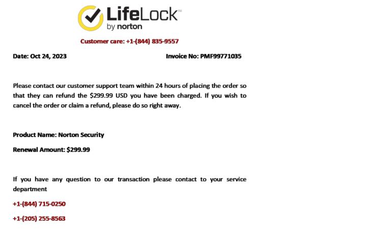 Screenshot of invoice from Norton LifeLock for renewal of  license for $299.99, with two phone numbers to call with any questions
