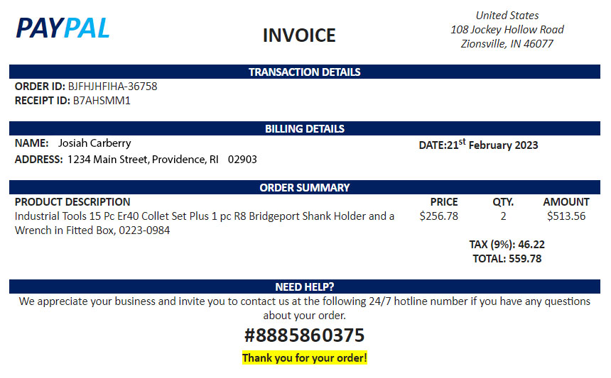 Screenshot of phony PayPal invoice, whose full content is above