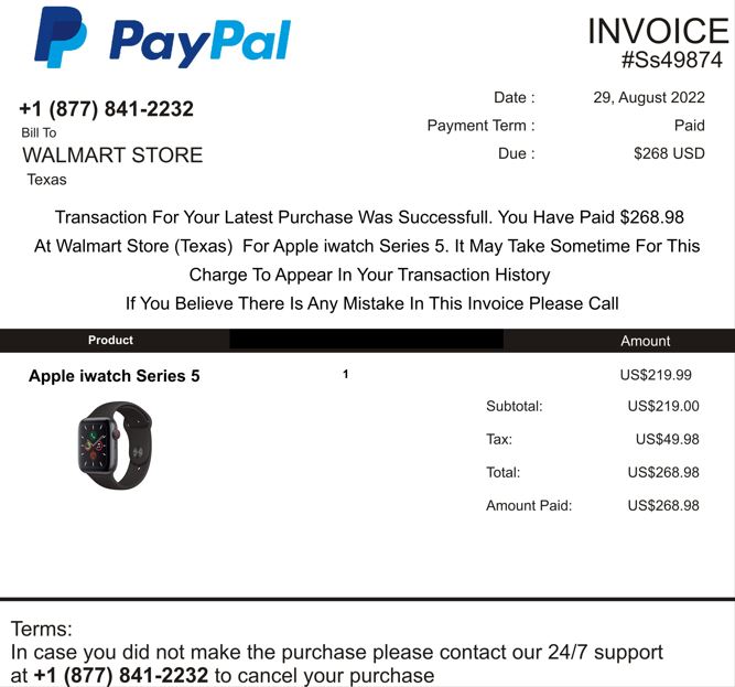 PayPal invoice for purchase of an Apple iwatch at a Texas Walmart