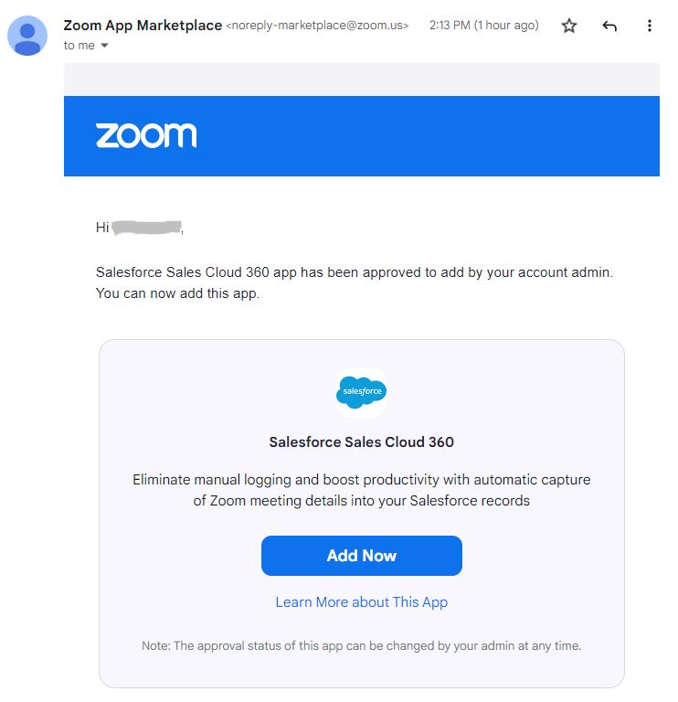 Screenshot of Zoom App Marketplace sending notification appearing above.