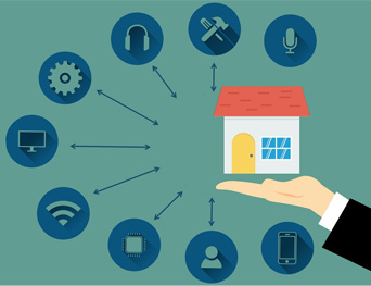 Image of a hand holding a house with electronic device icons emanating from it