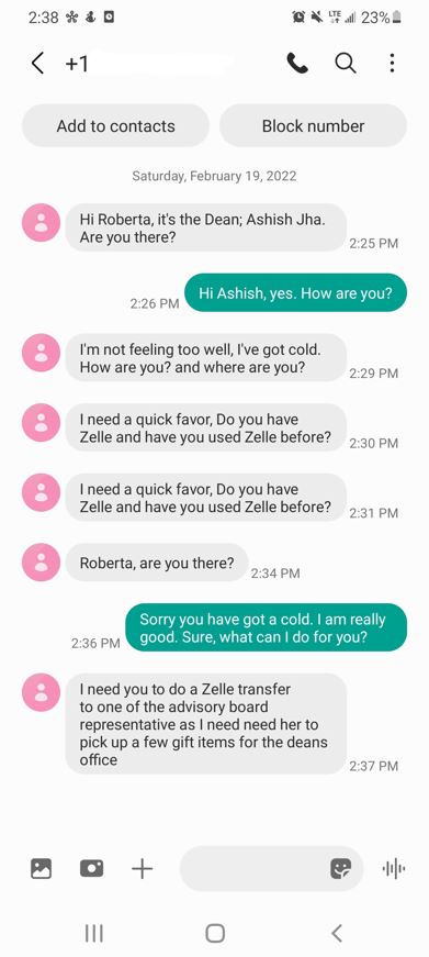 Screenshot of phishing text conversation with a scammer posing as Dean Ashish Jha and asking a student for a Zelle transfer